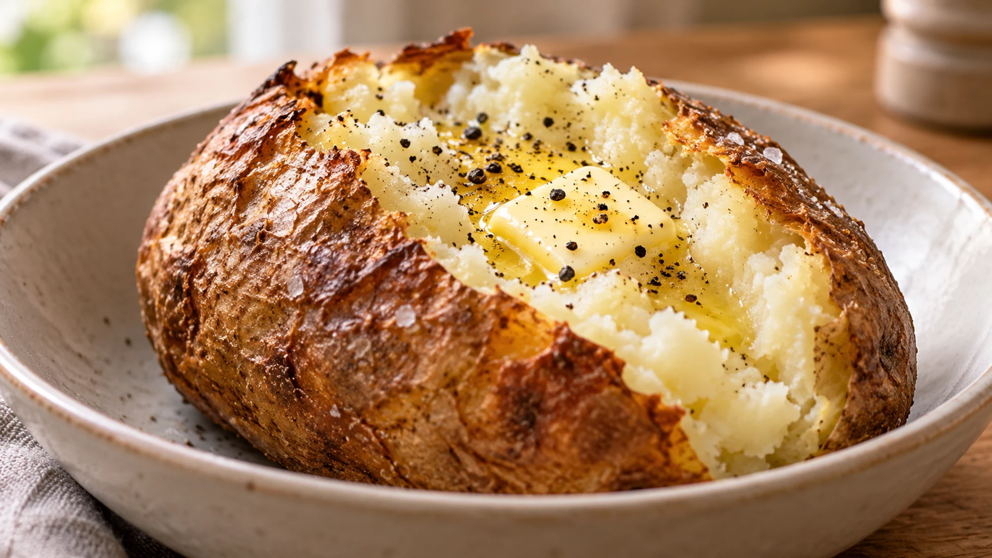 Split jacket potato in air fryer with fluffy flesh and a small butter topping