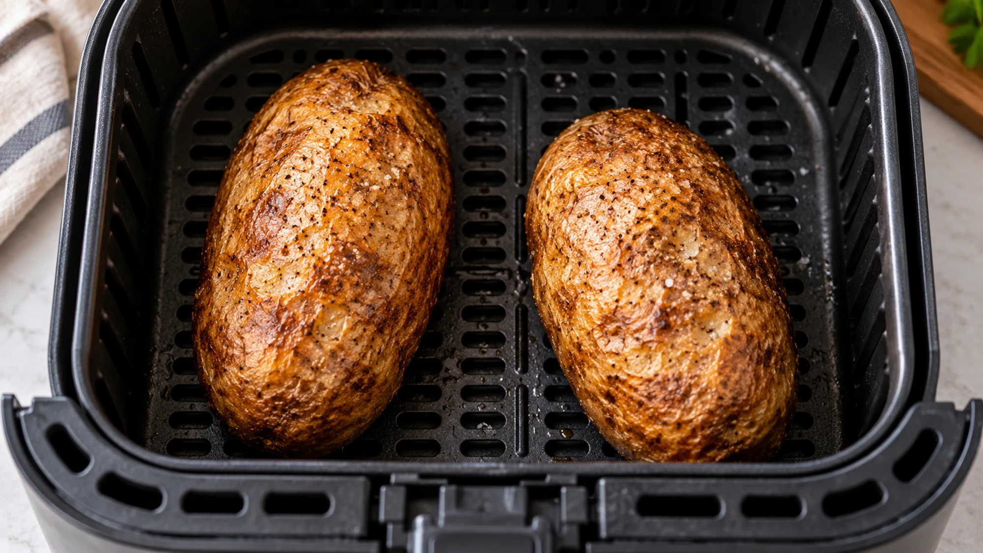 Two cooked potatoes for jacket potato in air fryer resting apart in the basket