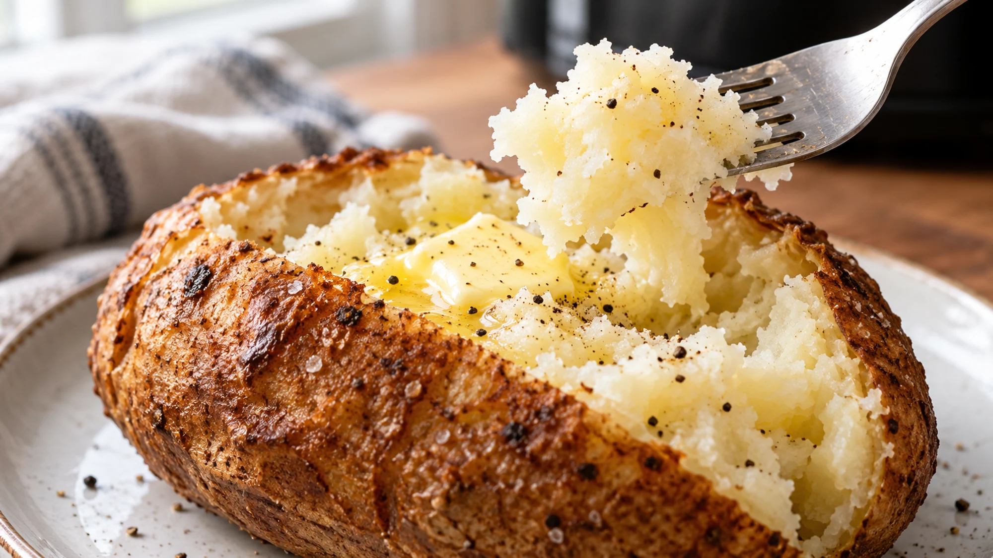 Fork lifting fluffy flesh from jacket potato in air fryer