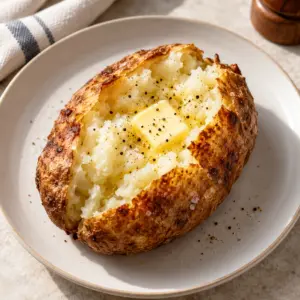 Jacket potato in air fryer split open with butter and black pepper