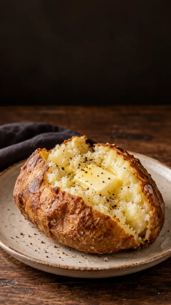 Finished jacket potato in air fryer with crisp skin and fluffy flesh