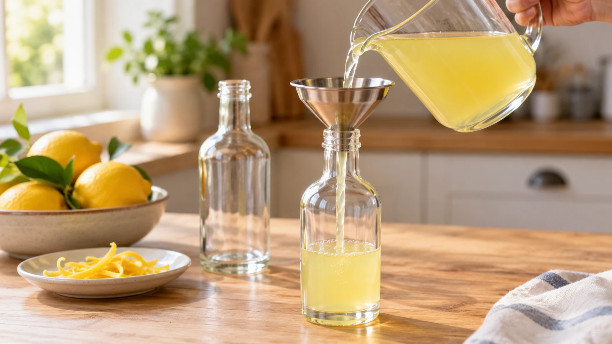 Limoncello being funneled from a glass jug into a clean bottle