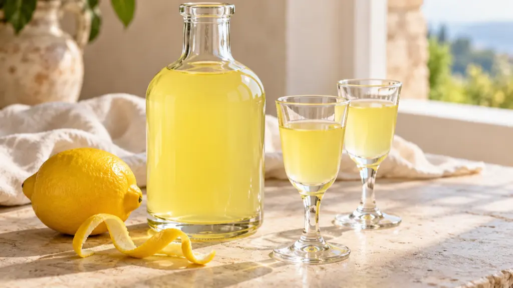 Limoncello in small cordial glasses beside a bottle, whole lemon and yellow peel