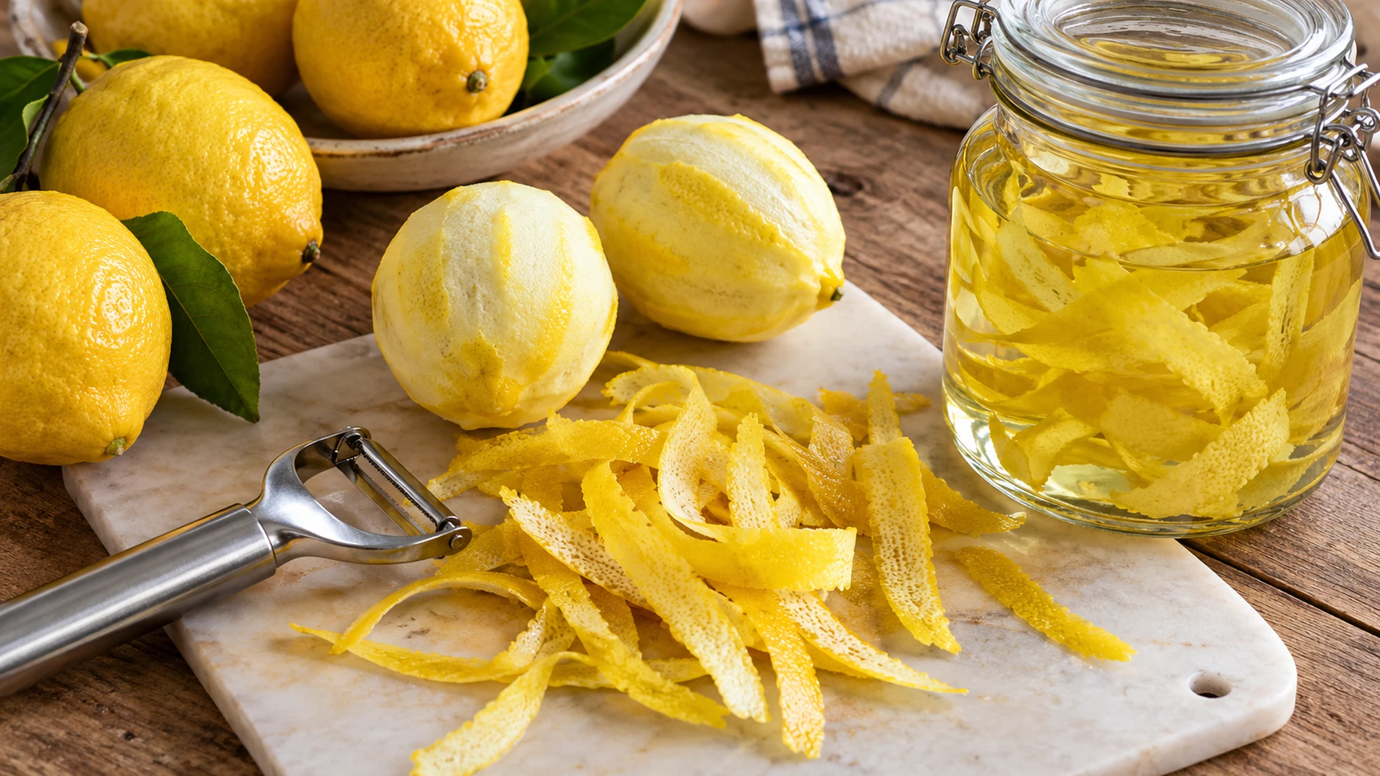 Thin lemon peel, a peeler and a jar of vodka for limoncello