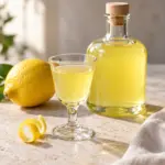Limoncello in a small glass beside a bottle and lemon peel curl