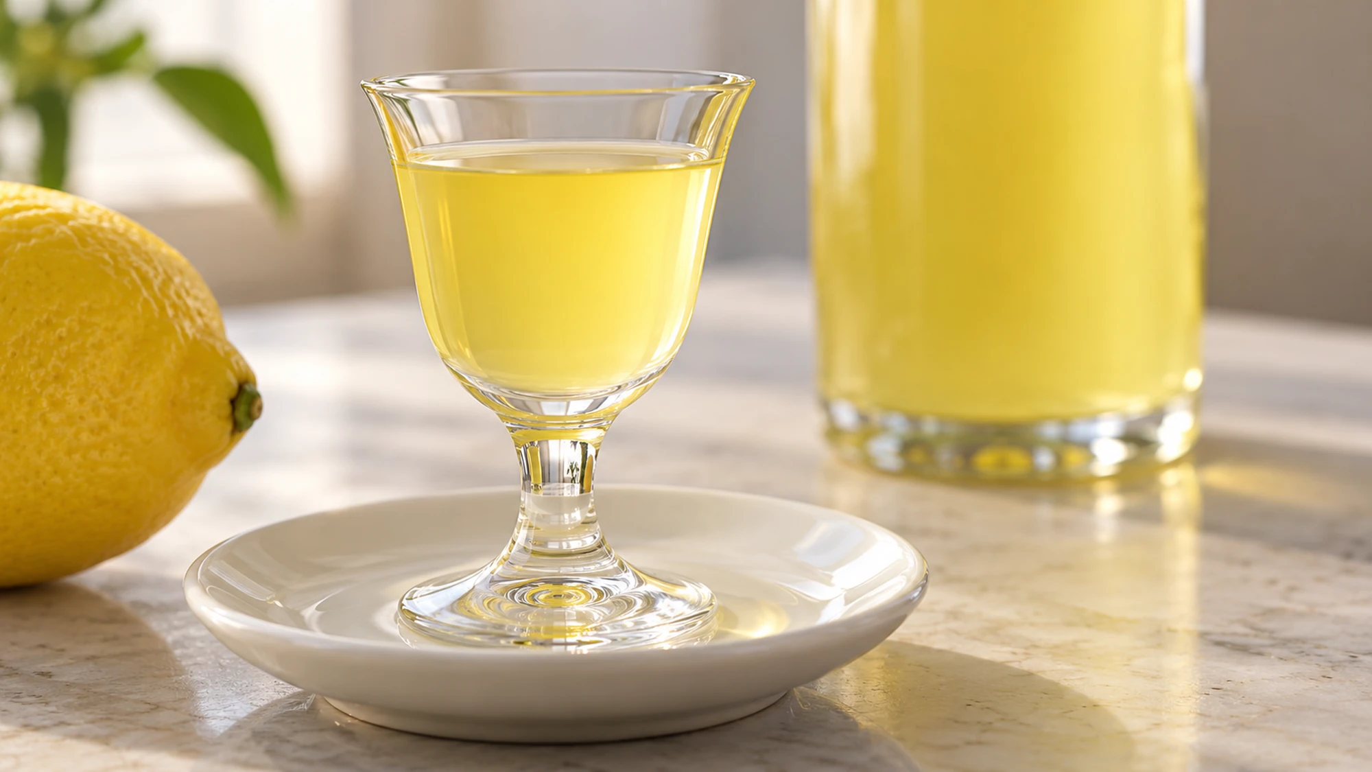 A small limoncello pour in a footed glass on a white saucer