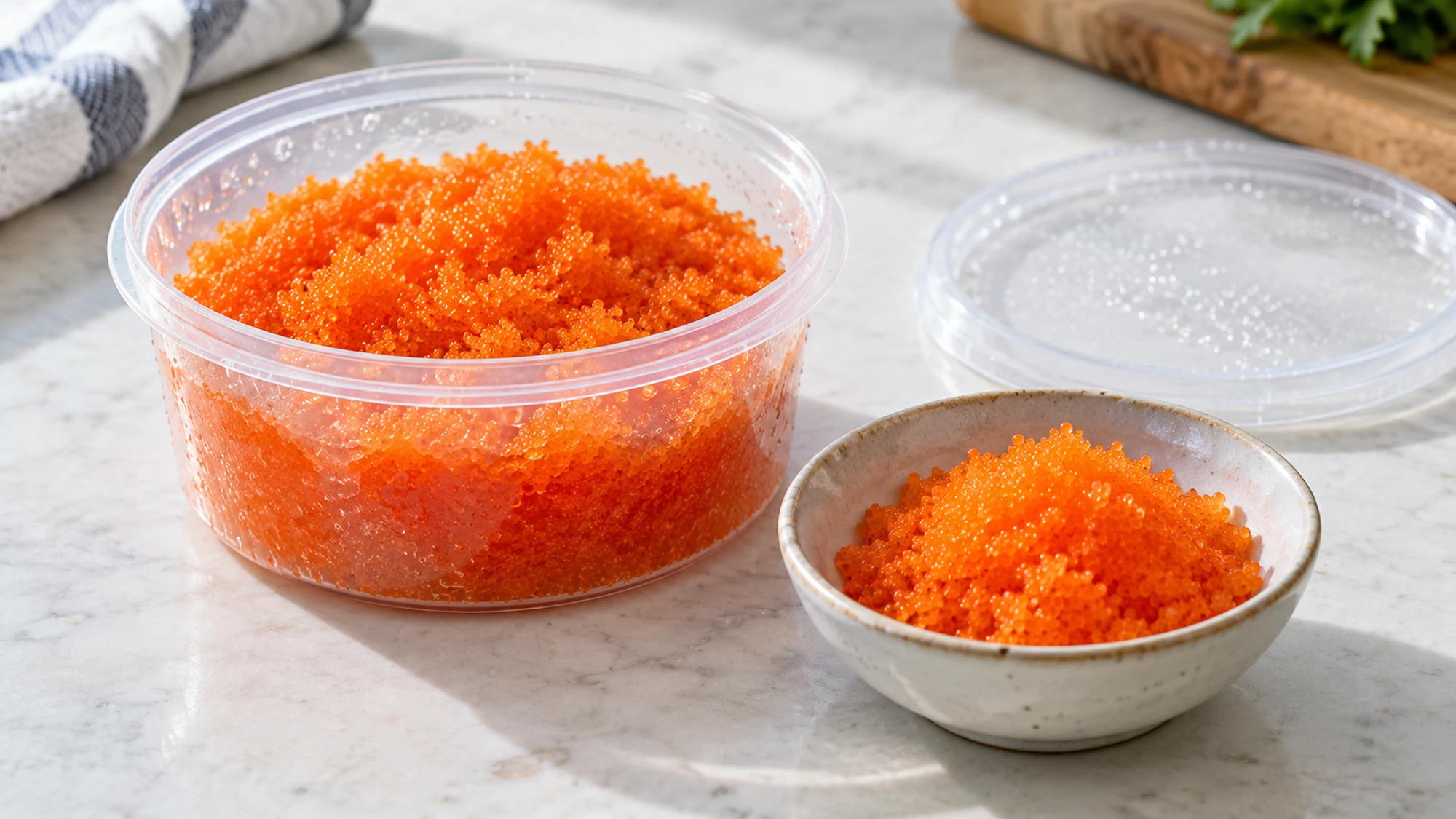 Open container of orange masago beside a small ceramic serving bowl.