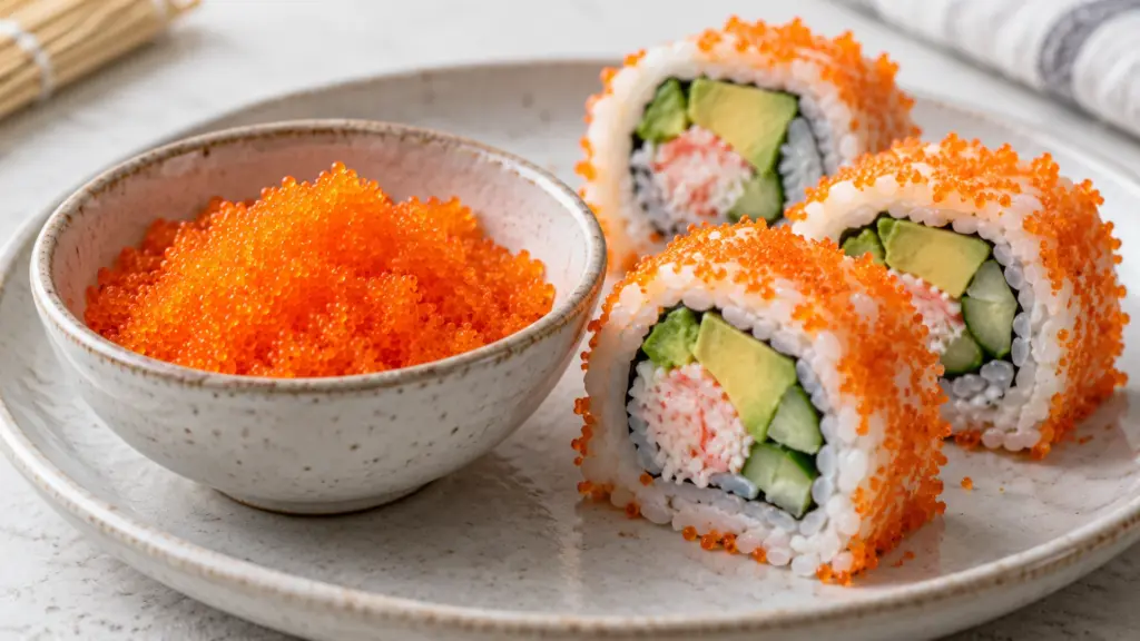 Small bowl of orange masago beside three California roll pieces on a ceramic plate.