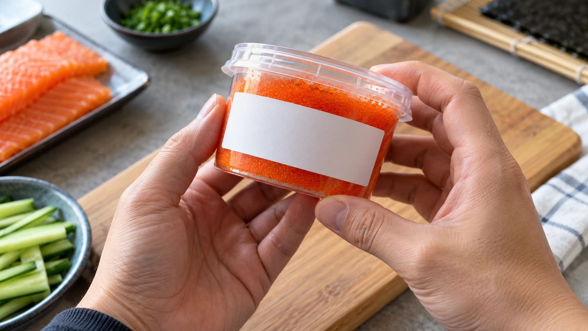 Adult hands holding a clear container of orange roe with a blank white label.