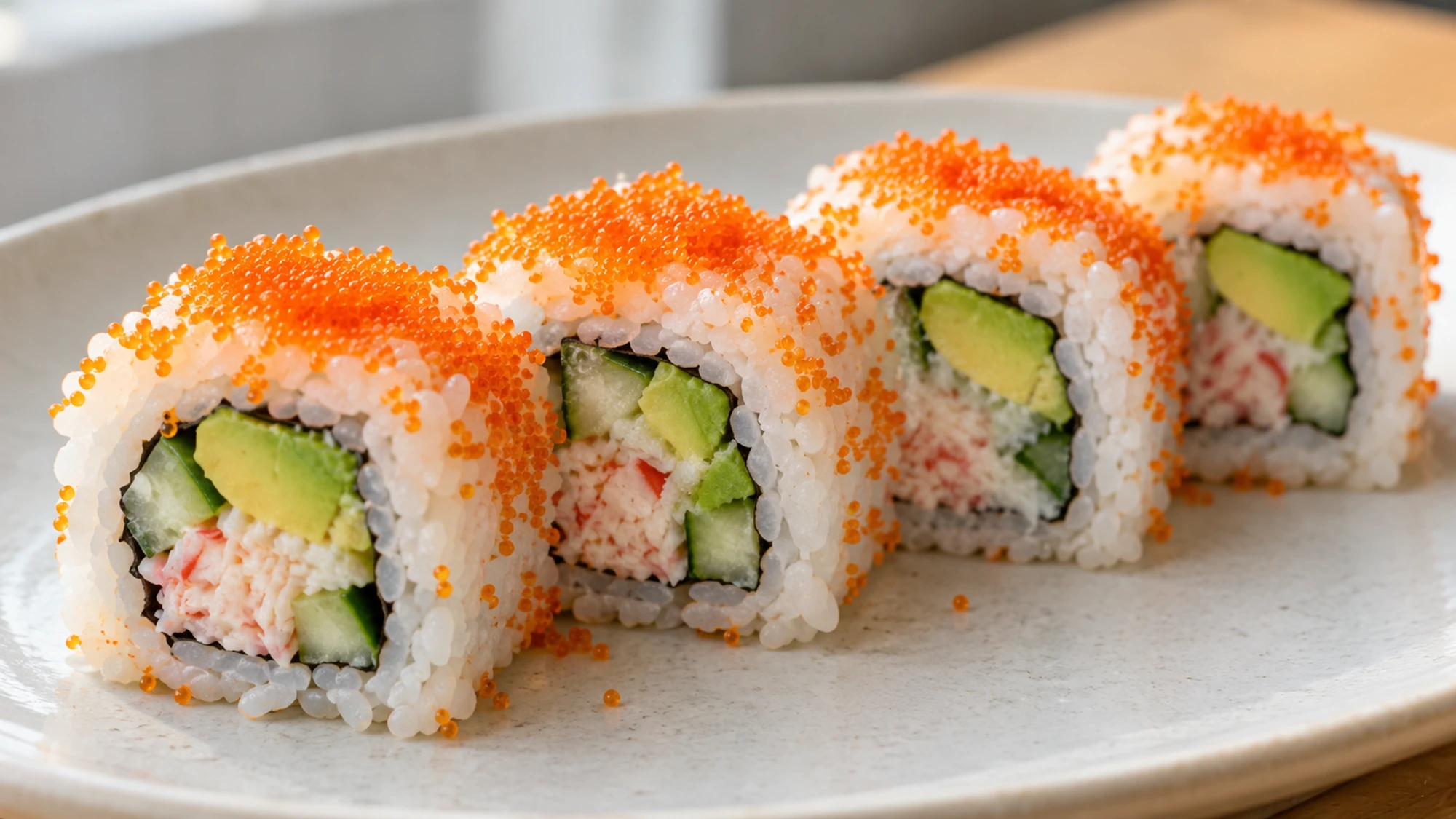 Four California roll pieces topped with tiny orange masago on a pale plate.