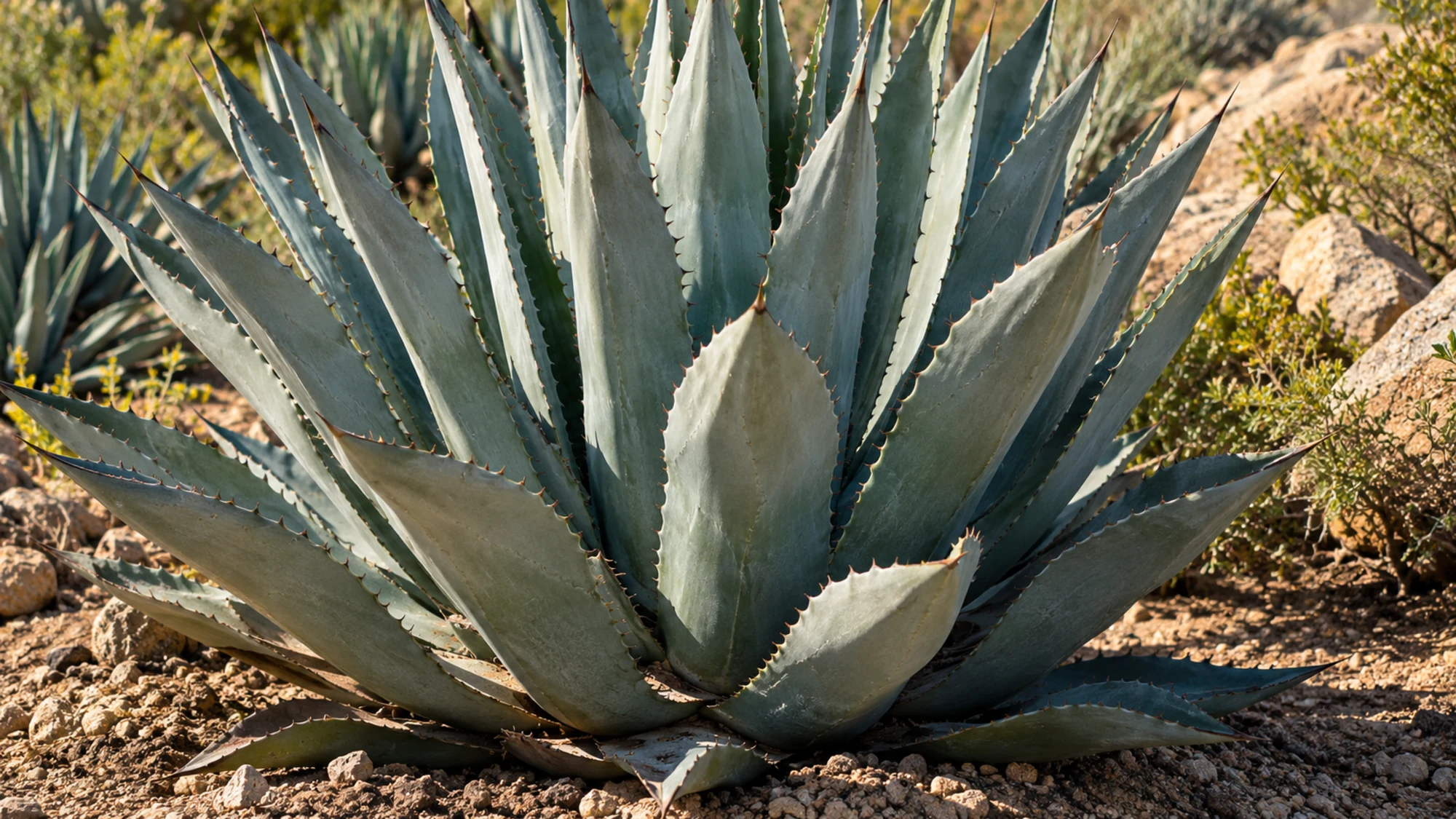 A mature agave plant growing in dry soil.