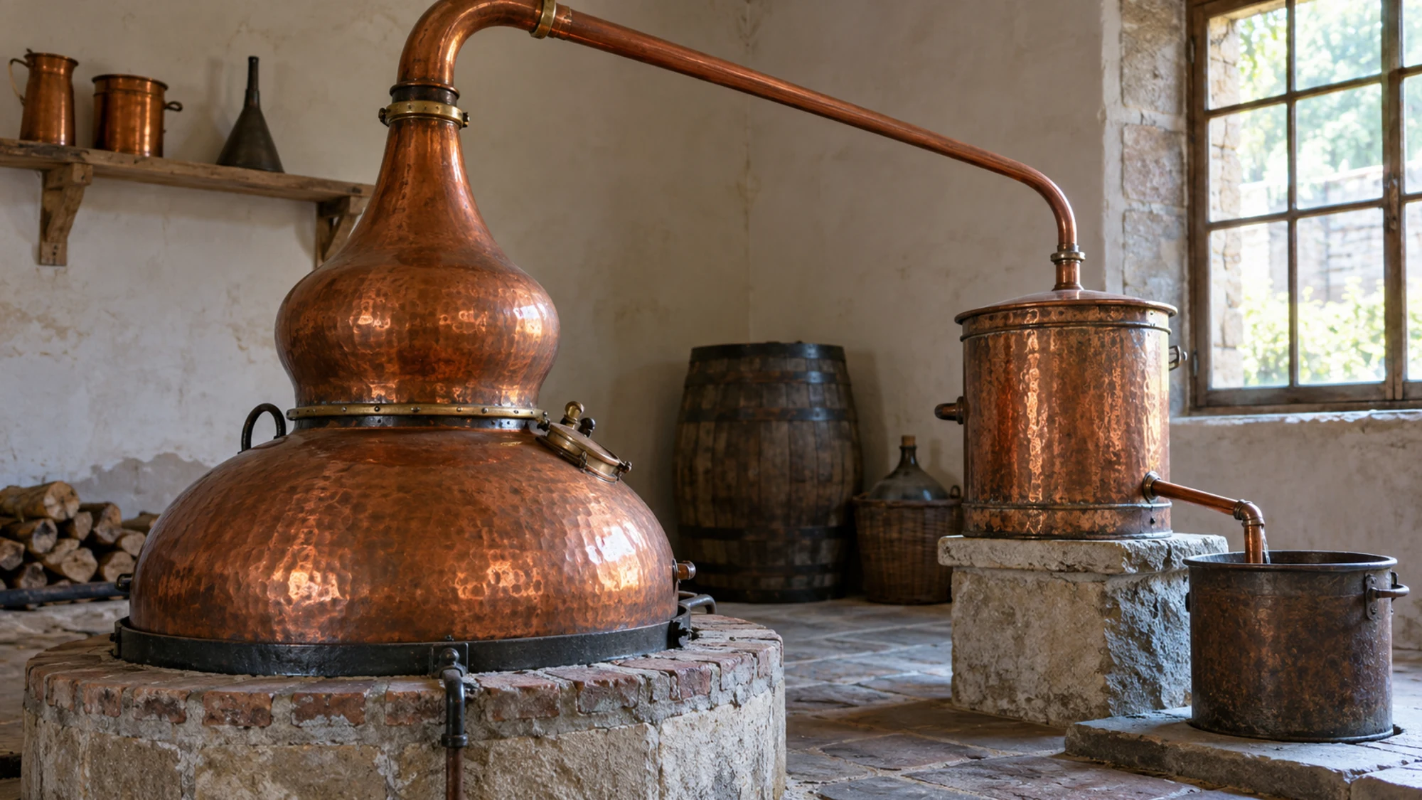 Copper distillation equipment in an unbranded workspace.
