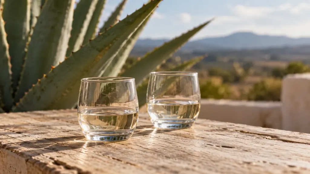 Two small glasses of clear agave spirits for a mezcal vs tequila comparison.