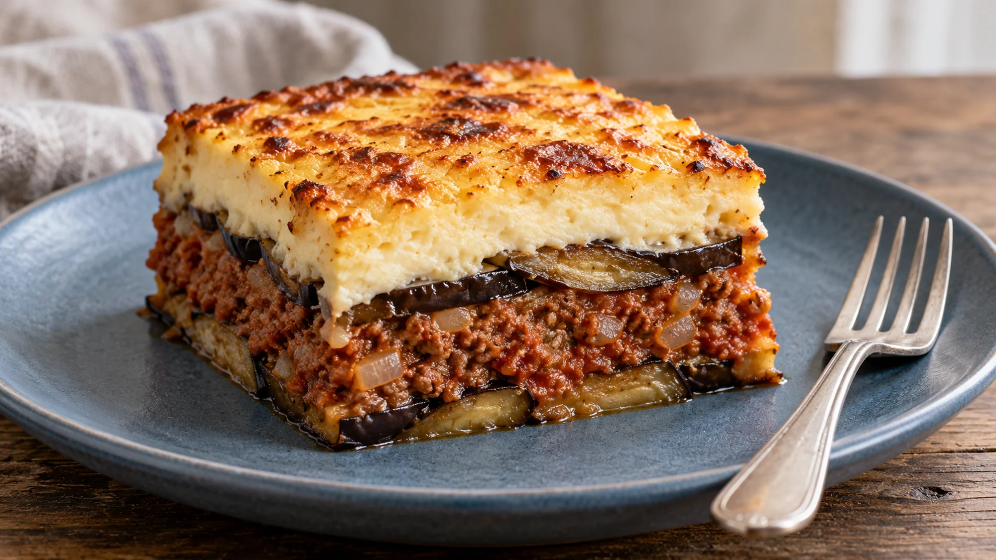 Plated slice of moussaka showing eggplant, lamb filling and béchamel layers