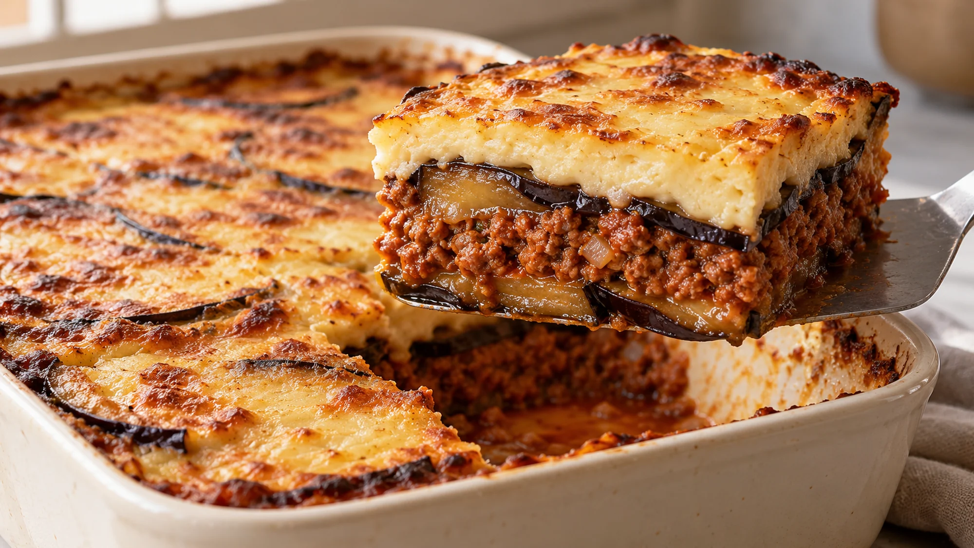 Moussaka in a baking dish with the first square portion removed