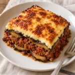 Plated moussaka slice with browned béchamel, eggplant and lamb layers