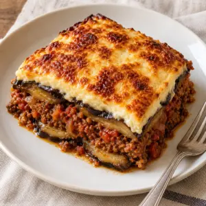 Plated moussaka slice with browned béchamel, eggplant and lamb layers