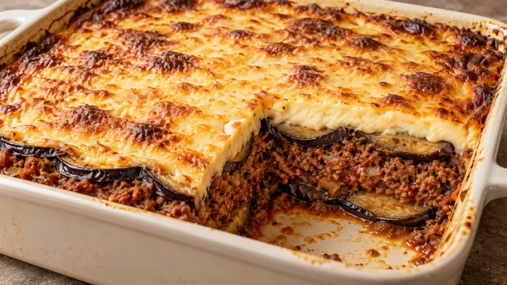 Moussaka in a baking dish with a golden béchamel top and one portion removed