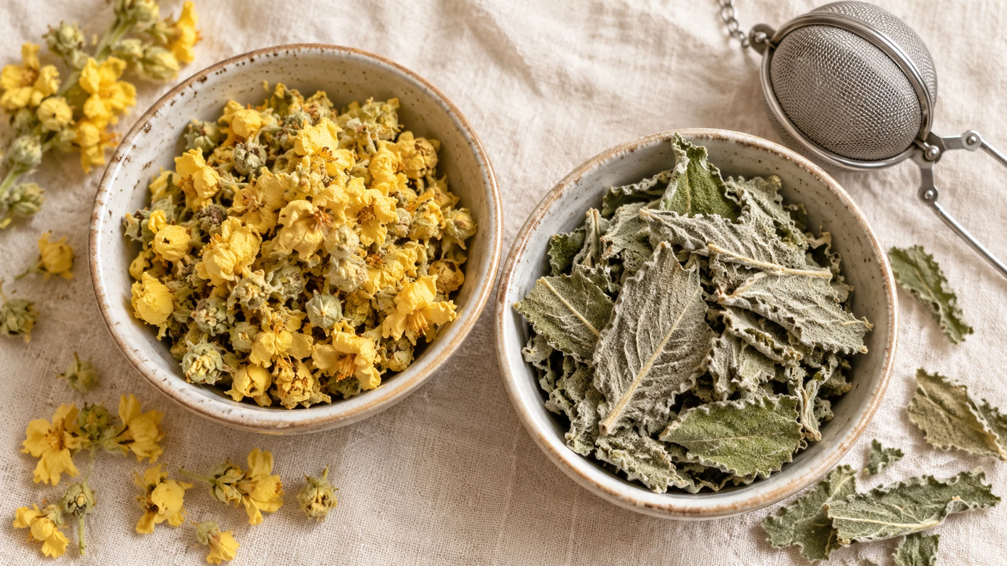 Mullein flowers and leaves in separate bowls