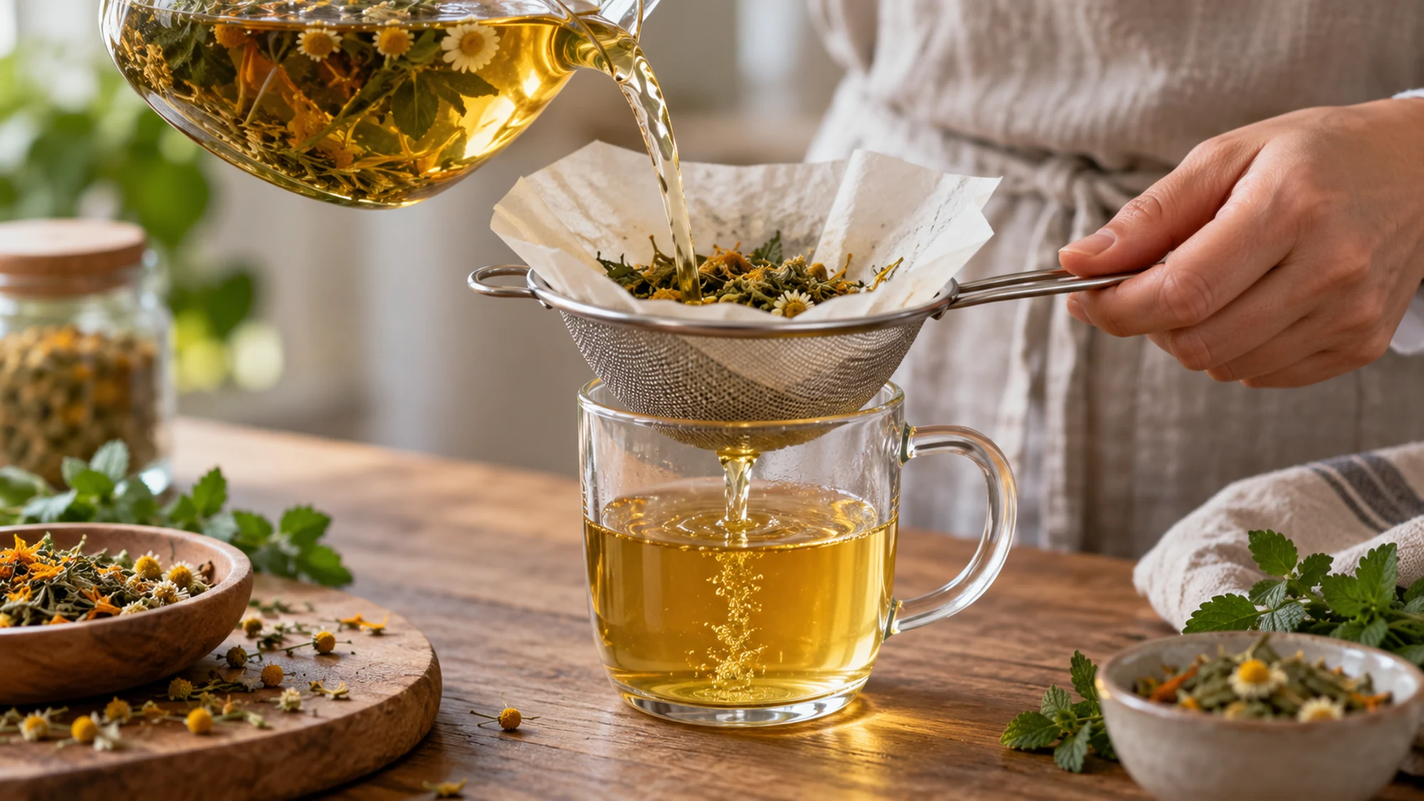 Mullein tea being filtered through a paper-lined strainer
