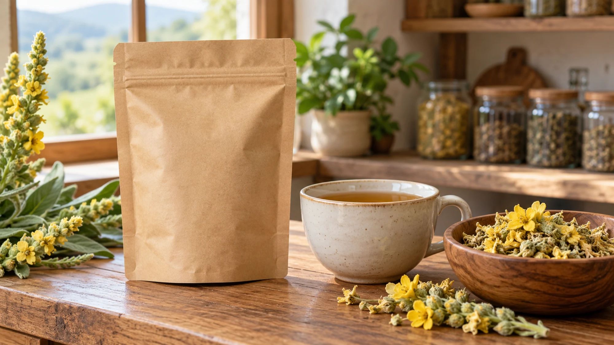 Unbranded herbal tea pouch beside a cup of mullein tea
