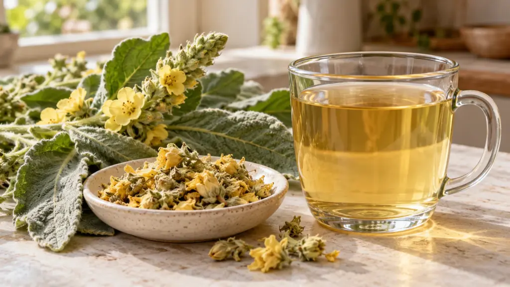 Mullein tea in a glass cup beside dried flowers and leaves