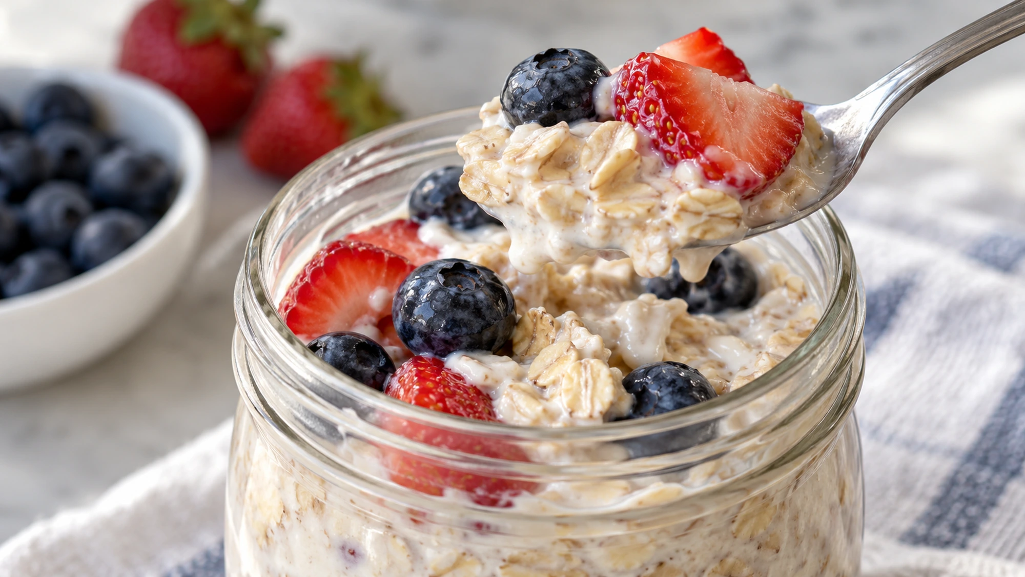 Spoonful of the overnight oats recipe with creamy yogurt and fresh berries