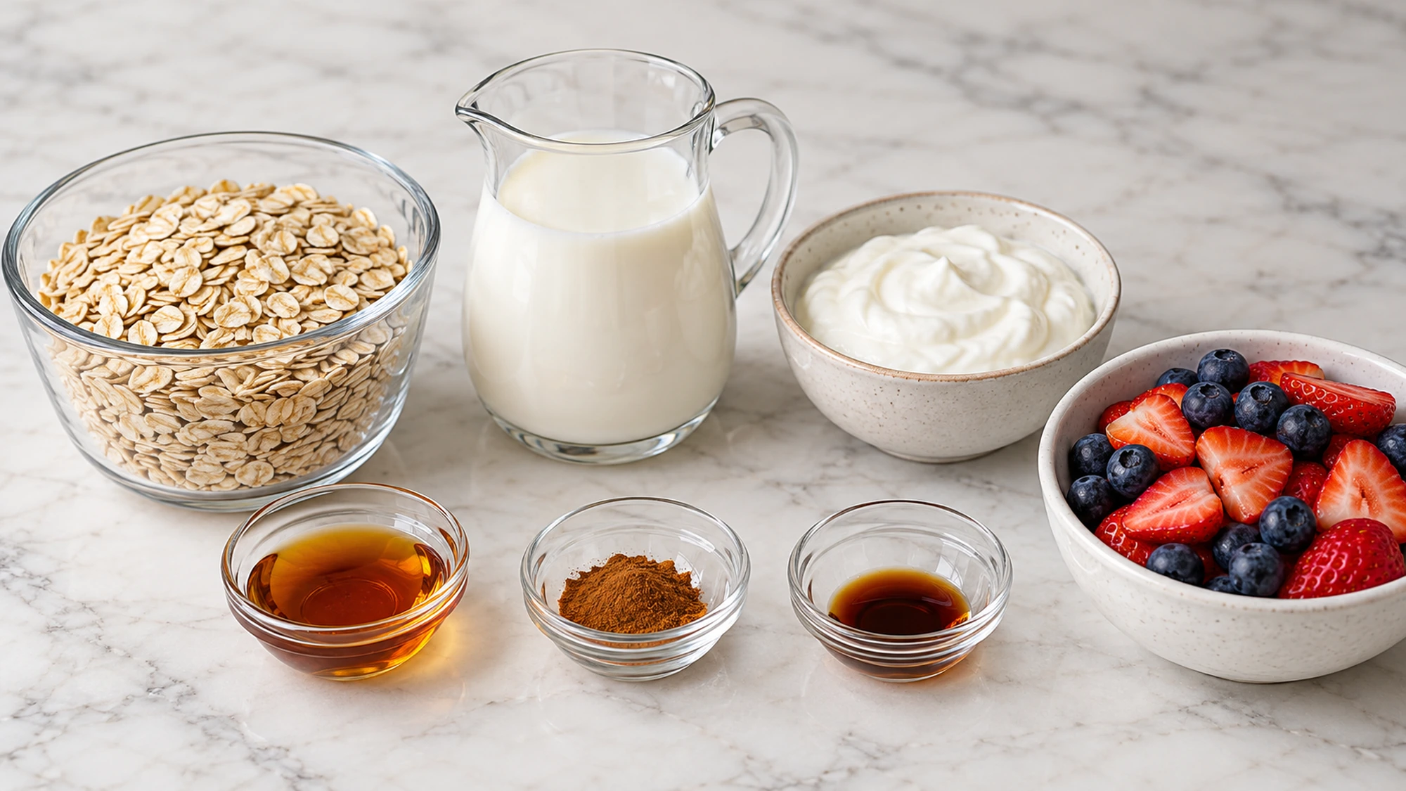 Ingredients for the overnight oats recipe: rolled oats, milk, yogurt, syrup, cinnamon, vanilla and berries