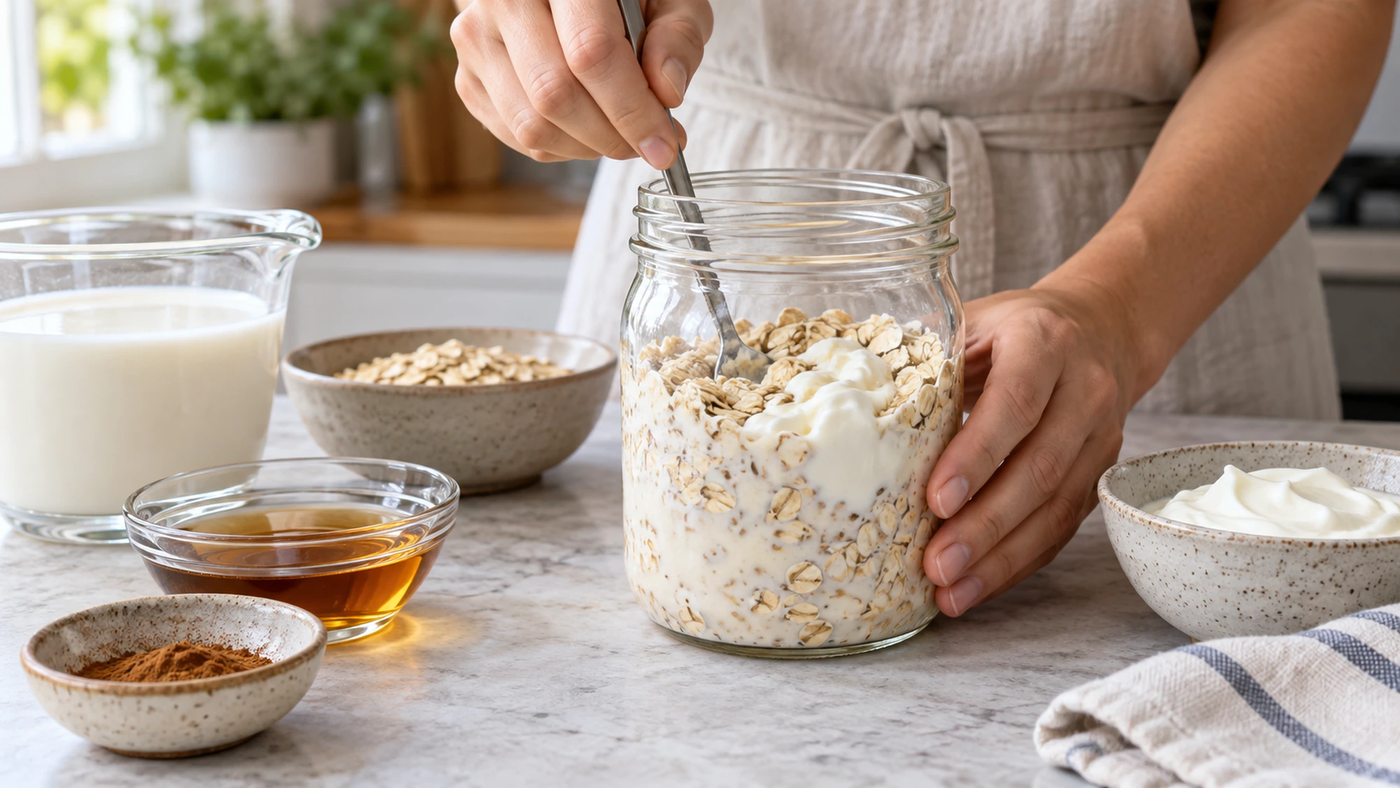 Mixing the overnight oats recipe with rolled oats, milk and yogurt in a jar
