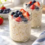 Finished overnight oats recipe in a jar topped with blueberries and strawberries