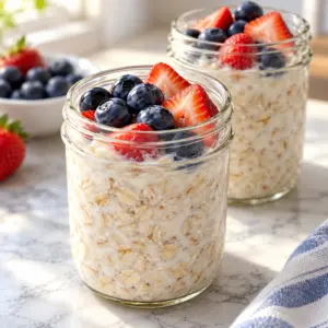 Finished overnight oats recipe in a jar topped with blueberries and strawberries