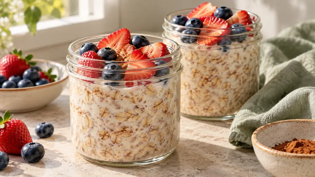 Two jars of the overnight oats recipe with yogurt, blueberries and strawberries