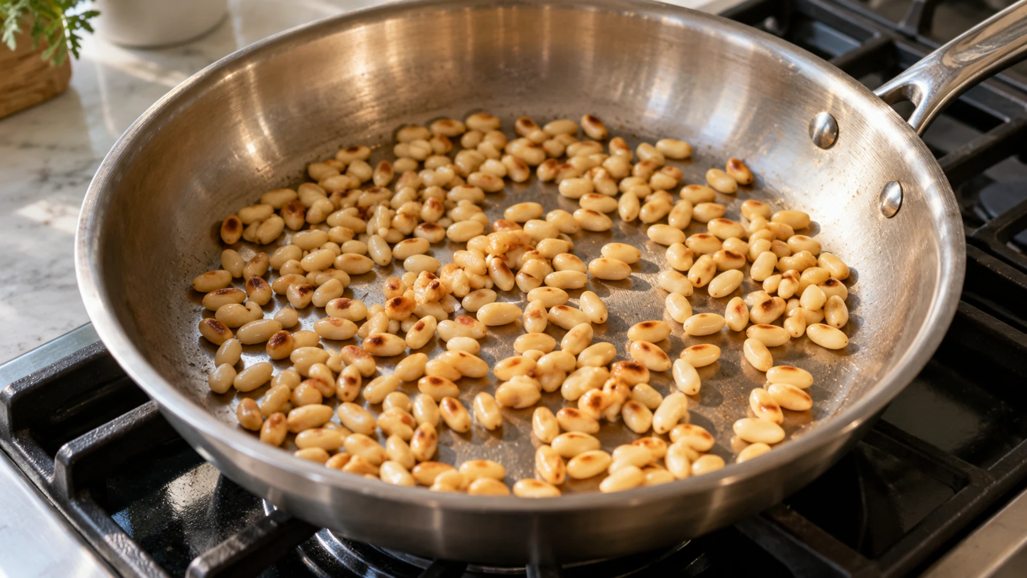 Pine nut kernels toasting in a stainless steel skillet.