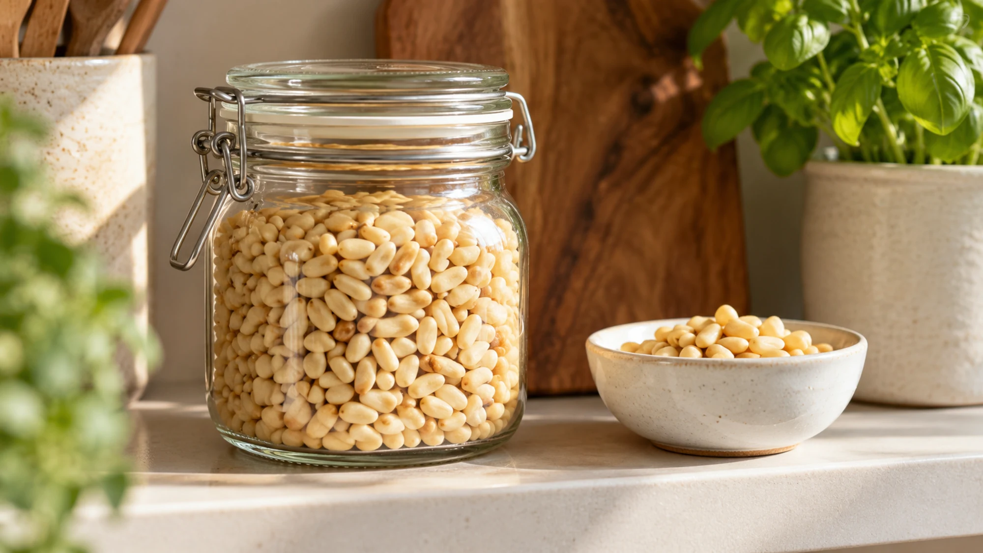 Pine nut kernels stored in a sealed glass jar.