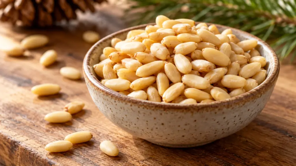 Ivory pine nut kernels in a small ceramic bowl.