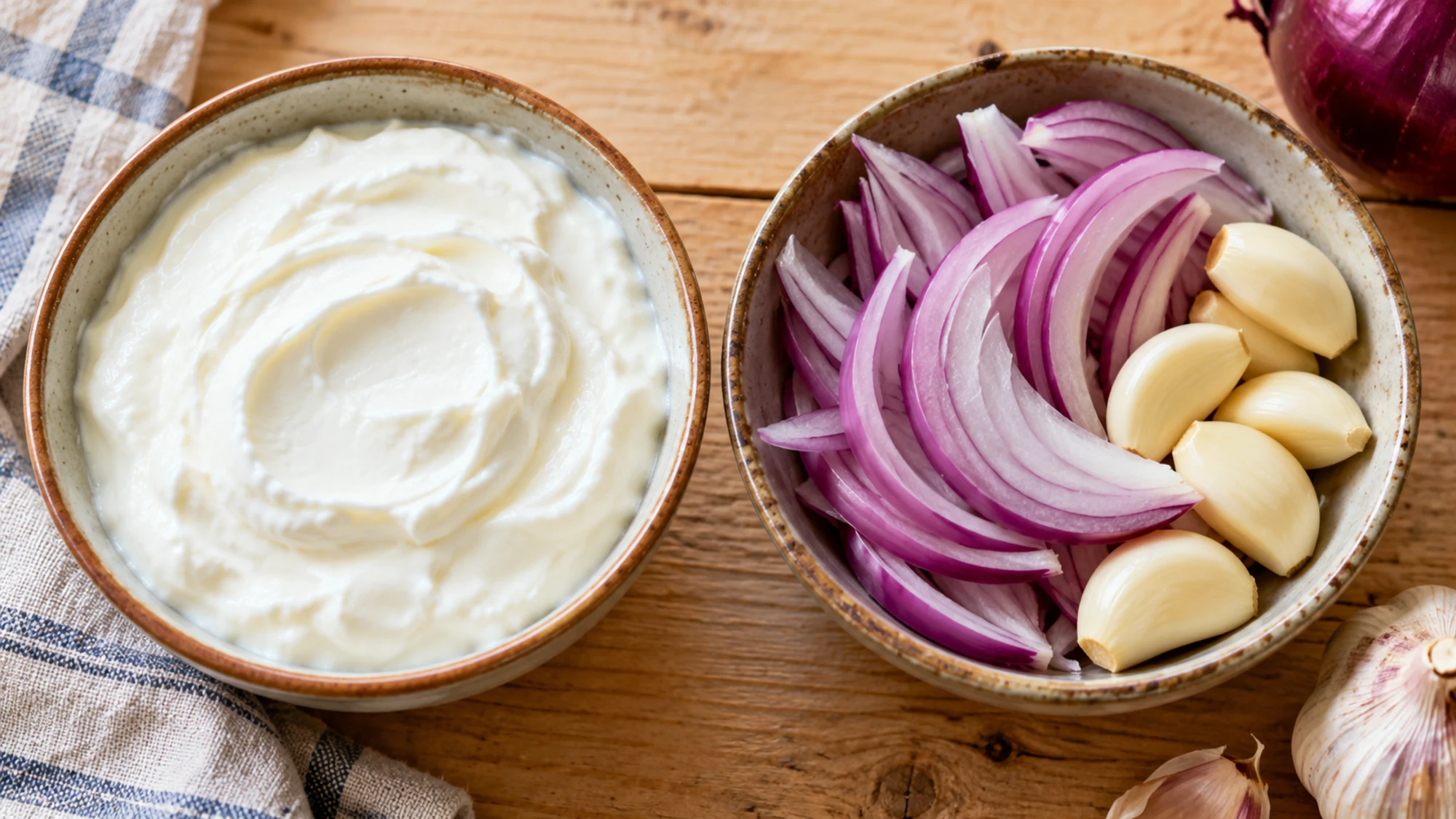 A bowl of yogurt beside sliced red onion and garlic cloves.