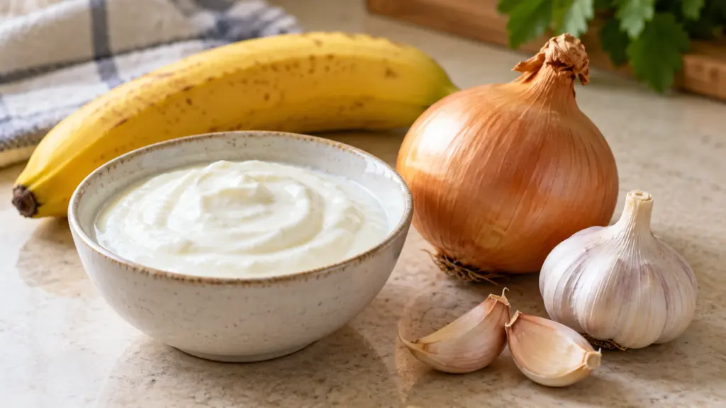 Plain yogurt beside a banana, onion and garlic.