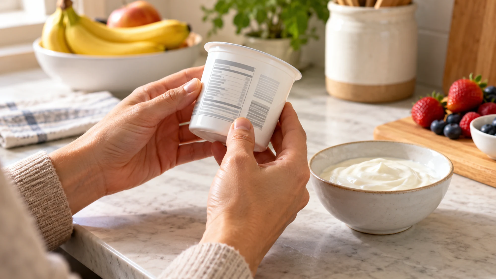 Hands holding a yogurt container beside a bowl of yogurt and fruit.