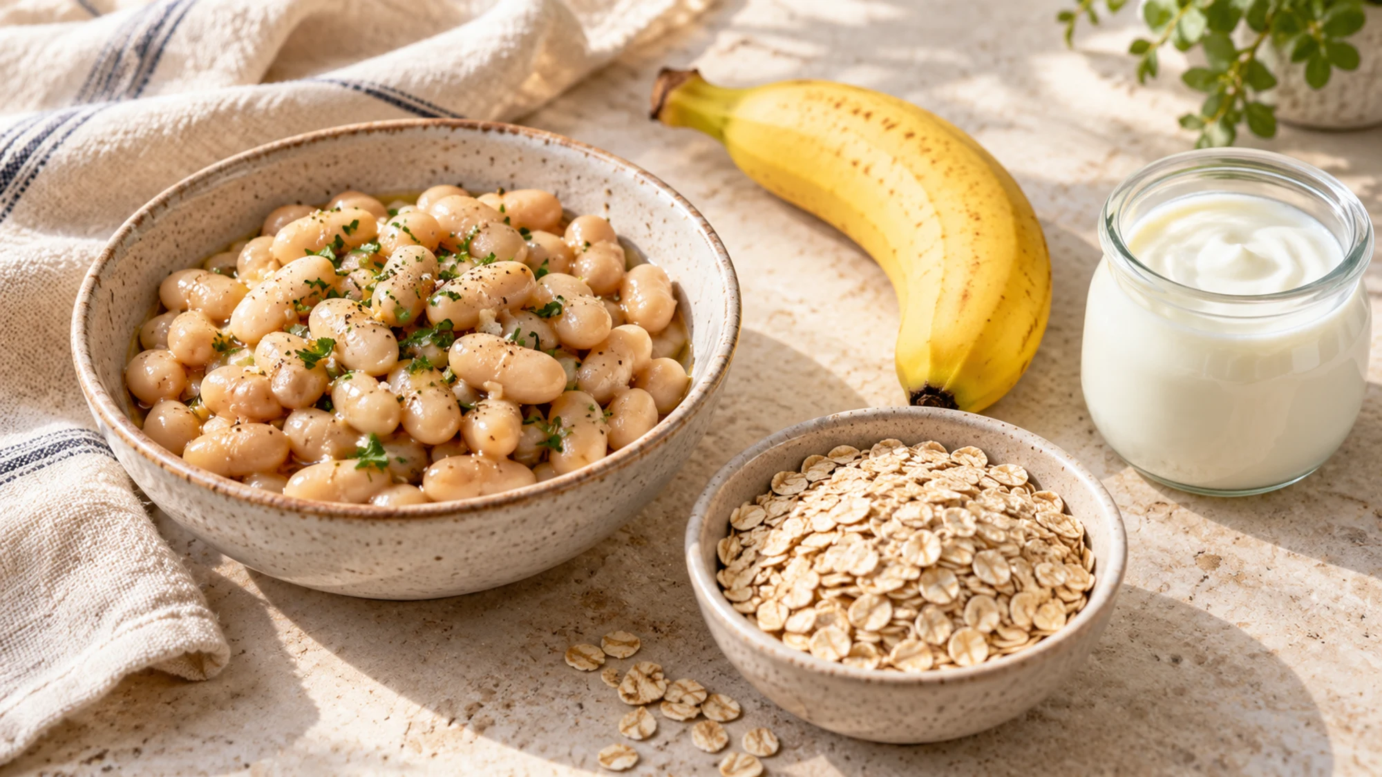 Beans, rolled oats, a banana and yogurt arranged on a counter.