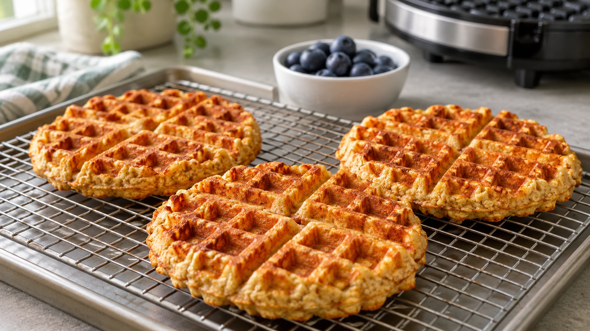 Golden protein waffles resting on a wire rack after cooking.