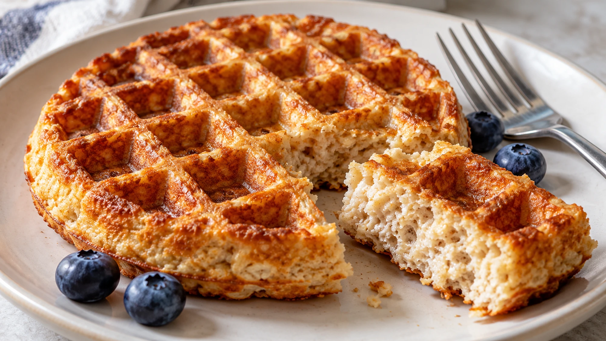 A cut protein waffle showing a tender oat-and-cottage-cheese center and browned edges.