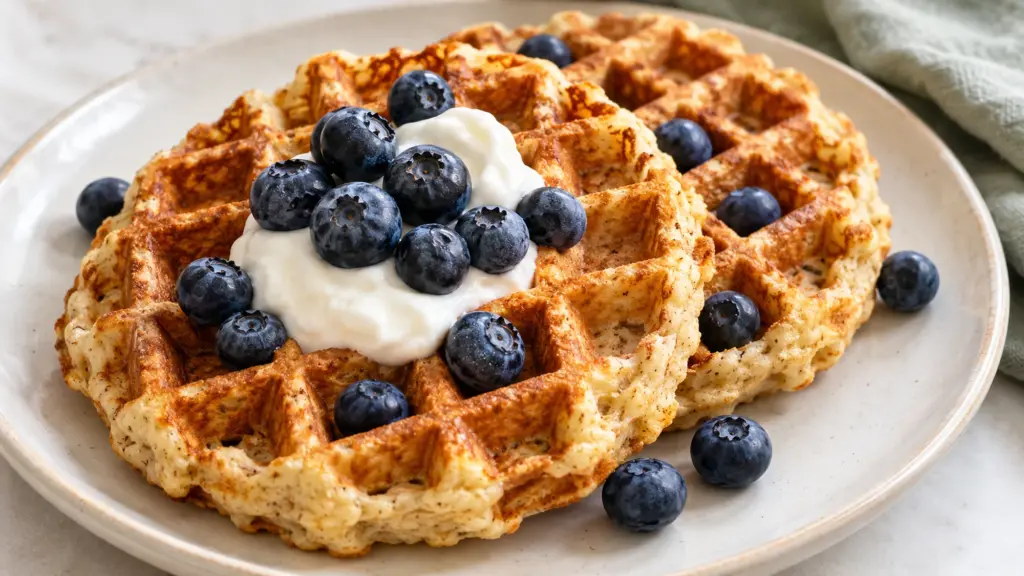 Golden protein waffles with blueberries and plain yogurt on a breakfast plate.