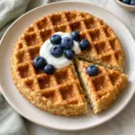 A square view of golden protein waffles with blueberries and Greek yogurt.
