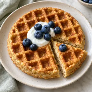 A square view of golden protein waffles with blueberries and Greek yogurt.