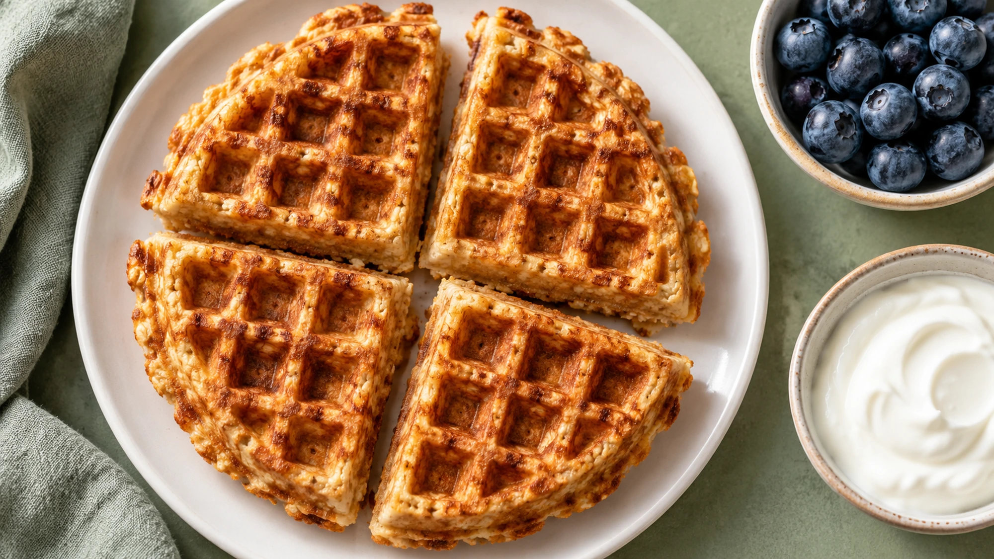 Protein waffles served with fresh blueberries and plain Greek yogurt.