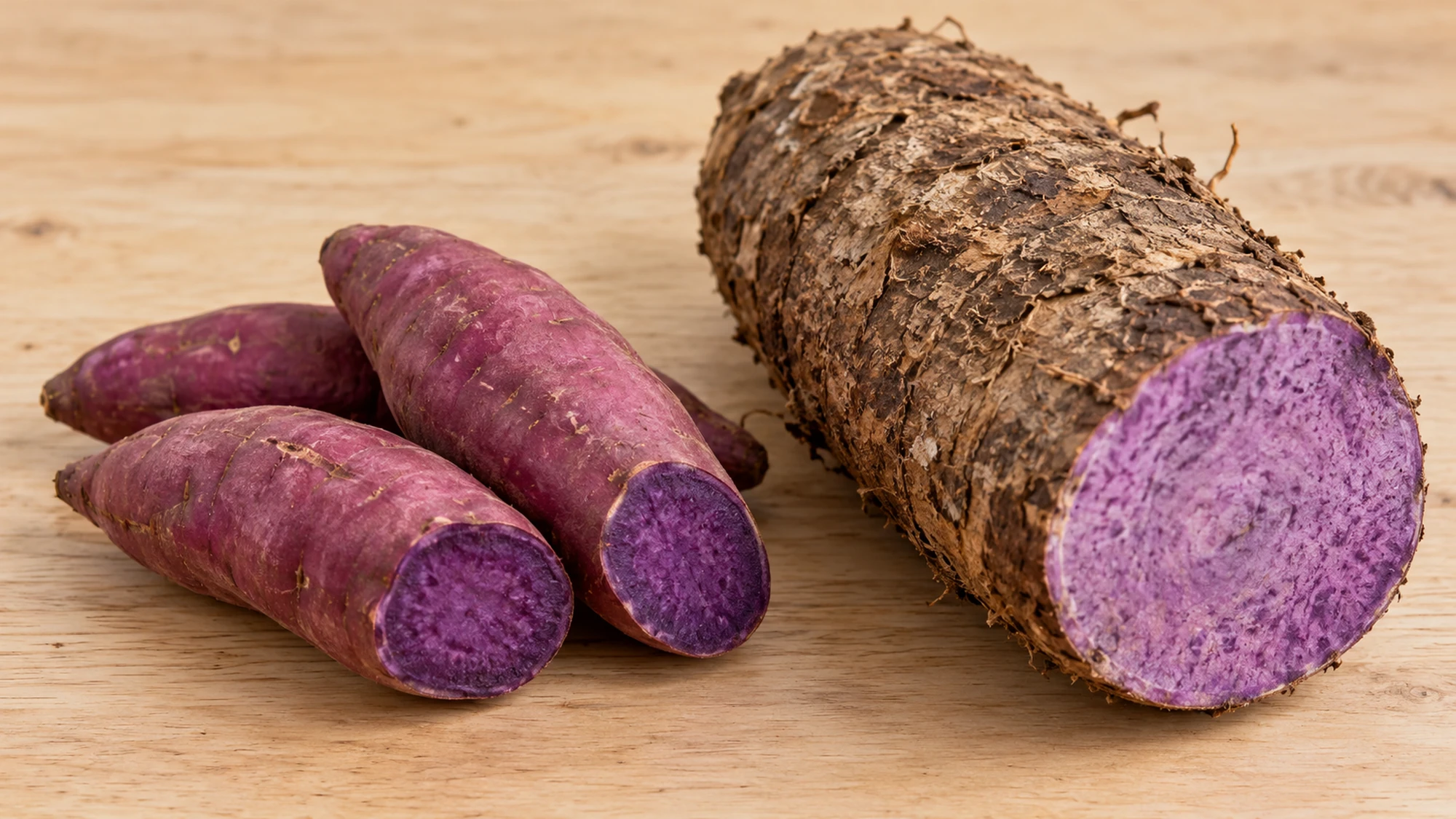 Small smooth-skinned purple sweet potatoes beside a large rough-skinned ube yam, both cut to show purple flesh.