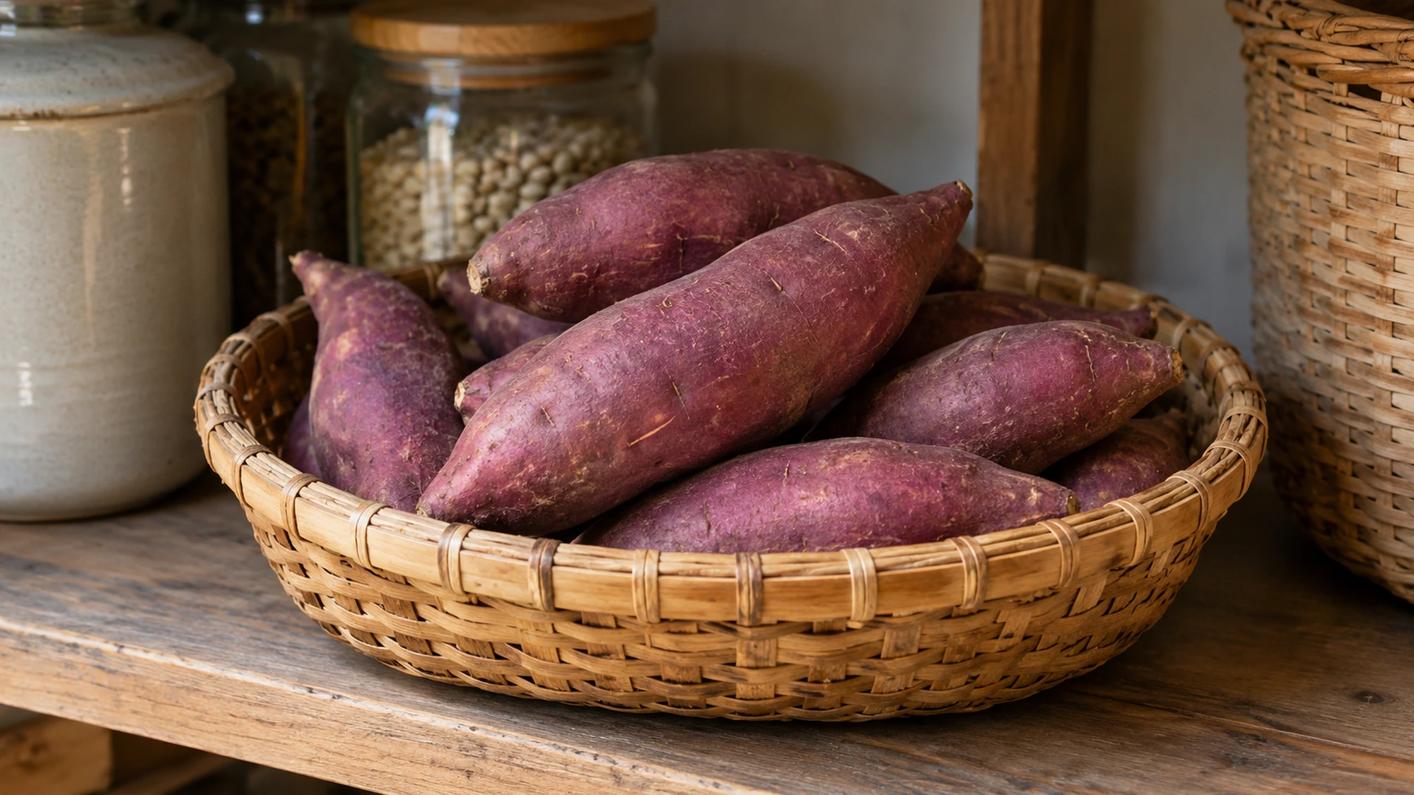 Whole reddish-purple sweet potatoes in an open woven basket on a pantry shelf.