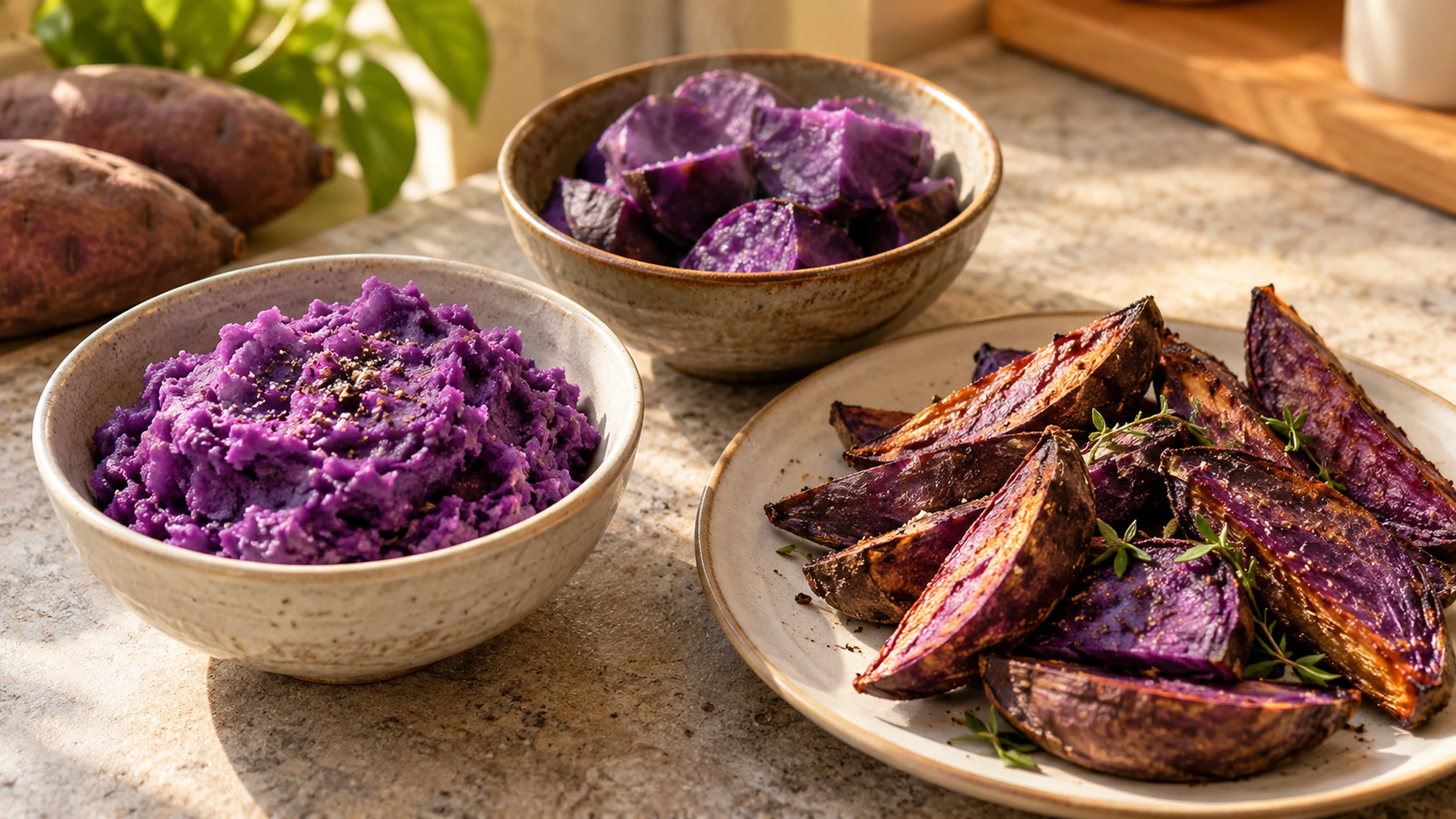 Mashed purple sweet potato, cooked chunks and roasted purple wedges in ceramic dishes.