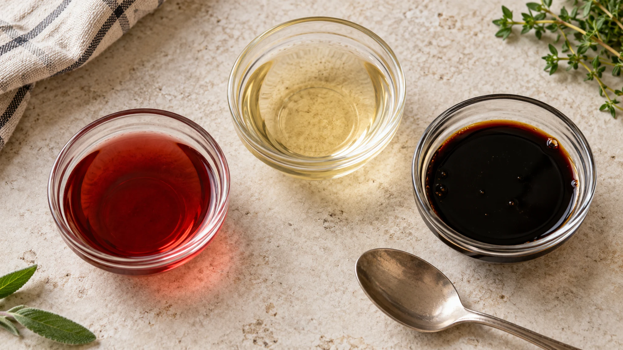 Red wine vinegar, pale vinegar and dark balsamic in separate glass bowls