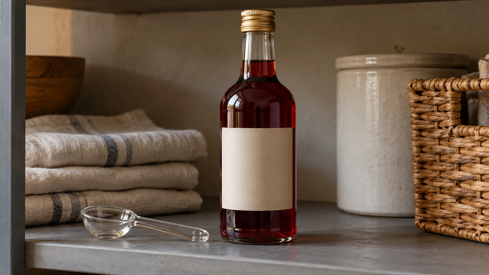 Closed red wine vinegar bottle on a shaded pantry shelf
